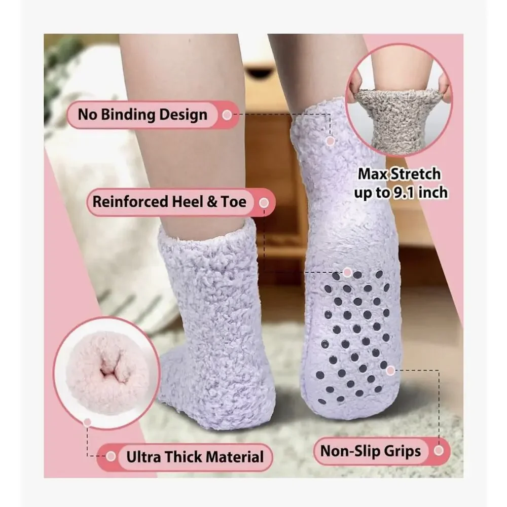 4-pk Non Slip Hospital Socks with Grips for Women Winter Warm Cozy Fuzzy Slipper